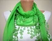 Gift Scarf - New - Trendy Scarf -  Cowl with Lace Edge Pistachio Green-Mother's Day Gift - Cotton Scarf
