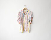 Vintage White Neon Color Splash Geometric Silk Blouse Top - 8