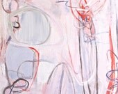 Girl Seated  Abstract-Modern Zen-OOAK on Canvas-  White-Neon Orange-Pale Blue- Gray-Pale Pink -Deep Sepia Brown