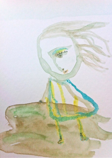 Girl in the Wind - ACEO Original Minimal-Modern on Archival Paper-Pale gray green-Sepia-Turquoise-Green-