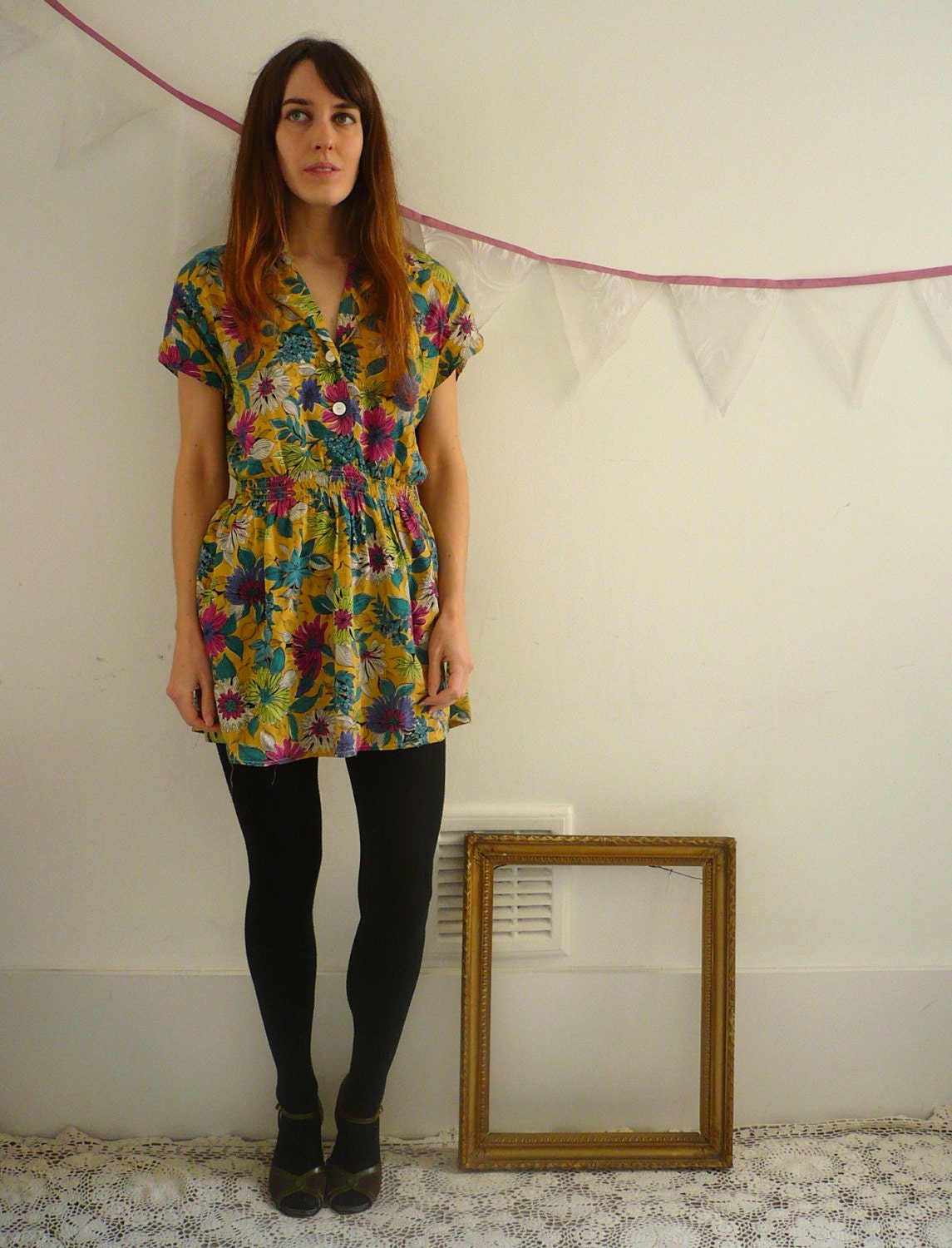 Vintage Genuine 1940's Tropical Floral Mini Dress Size S/M -Shortened