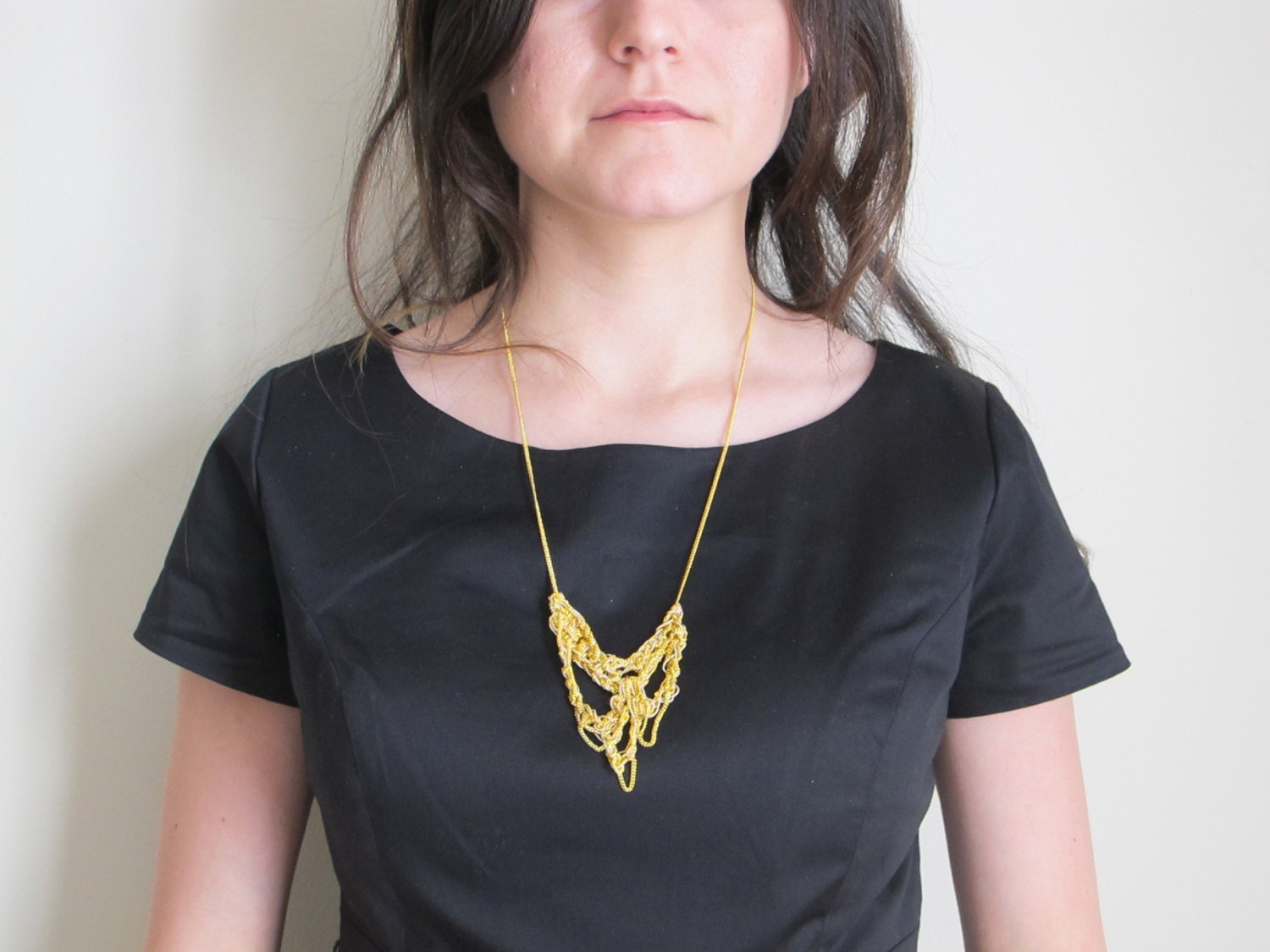 Crocheted Chain and Cotton Golden Necklace