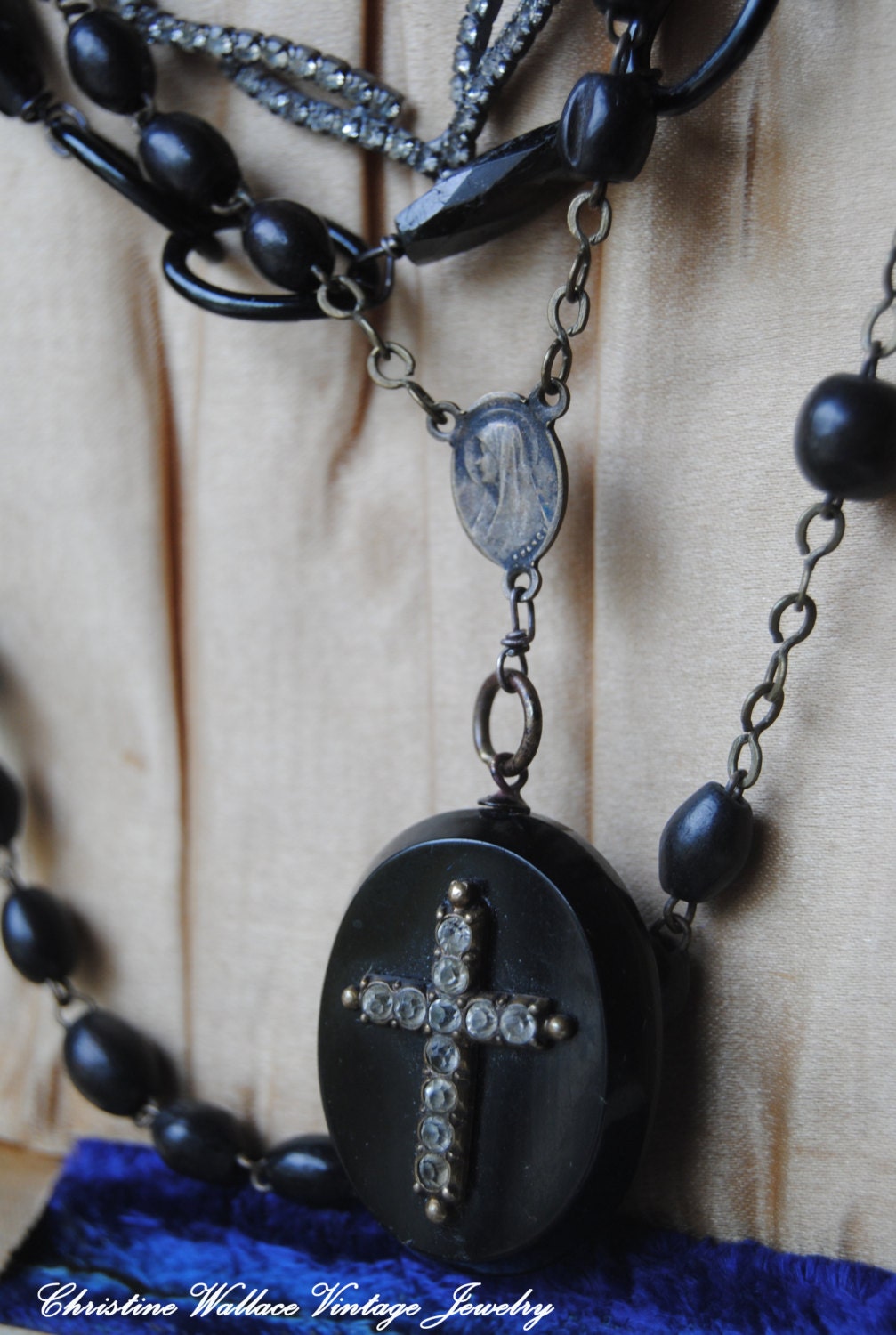 FAITH--Vintage Assembled French Rosary Rhinestone Jet Cross Pendant NECKLACE