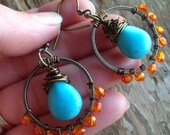 orange and turquoise bohemian earrings wire wrapped rustic country stone romantic cowgirl western