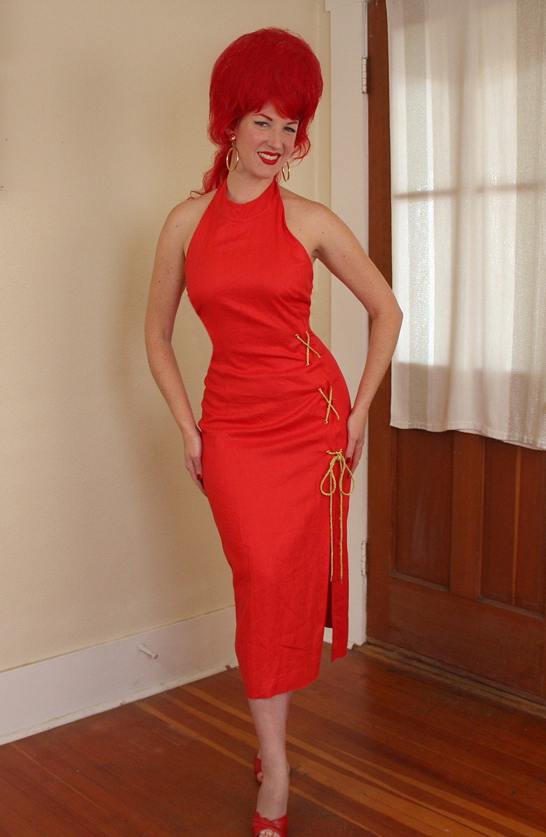 FIRECRACKER Bombshell 1950's Style Cherry Red Linen Hourglass Halter Wiggle Dress w/ Lace Up Side Leg Slit Detail - Designer - VLV - Size XL