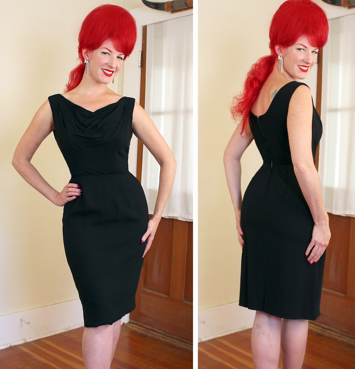 LA DOLCE VITA 1950's Designer Inky Black Rayon Sinfully Hourglass Cocktail Wiggle Dress w/ Draped Neckline by Mr. Ray of California - Size M