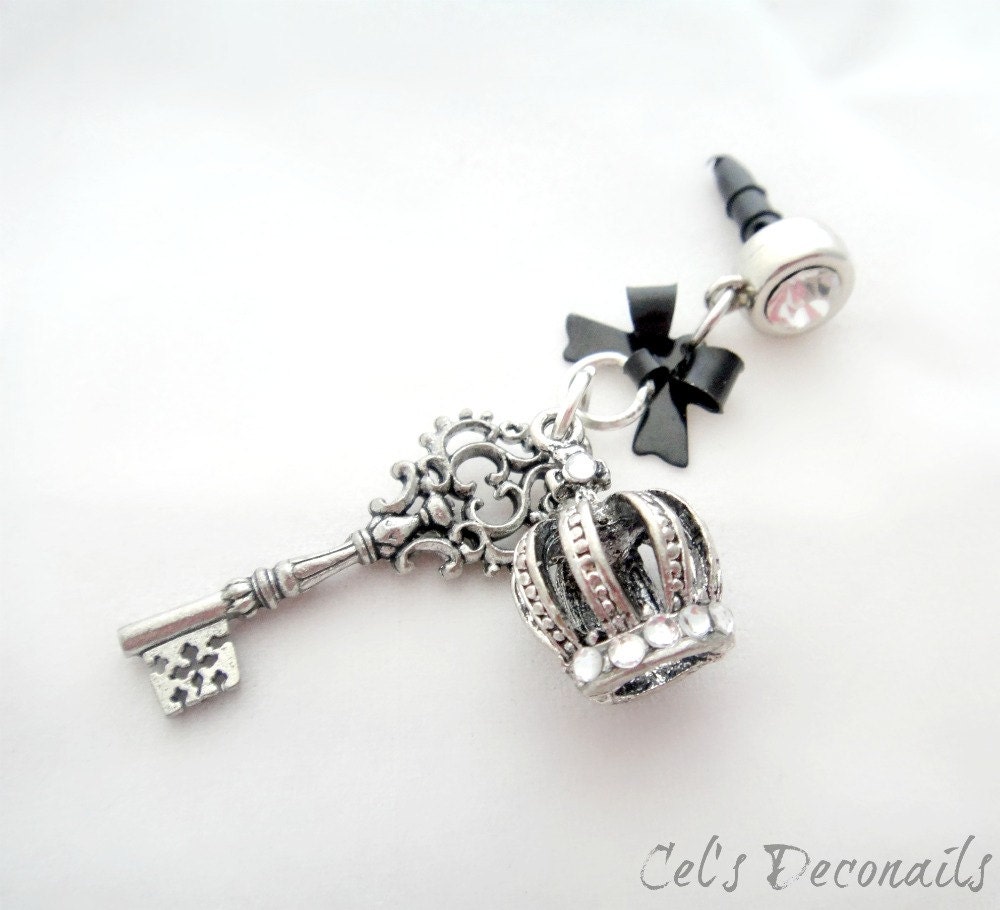 Crown and key iPhone dust plug charm, Gothic earphone jack charm, dark Princess phone charm
