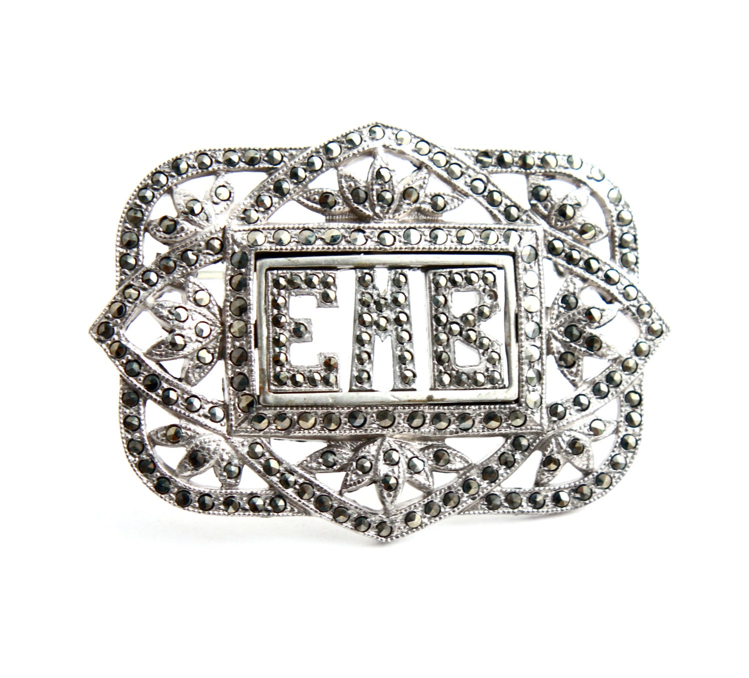 Vintage Art Deco Marcasite Brooch - Antique Silver Tone Filigree Initial 1930s Costume Jewelry  / Monogramed EMB