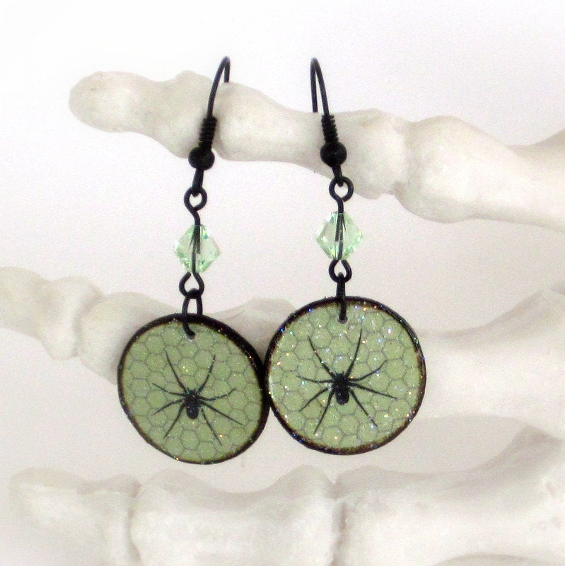 Spider Earrings Halloween Earrings Goth Earrings Pale Green Crystal Dangle Spooky Jewelry Halloween Jewelry