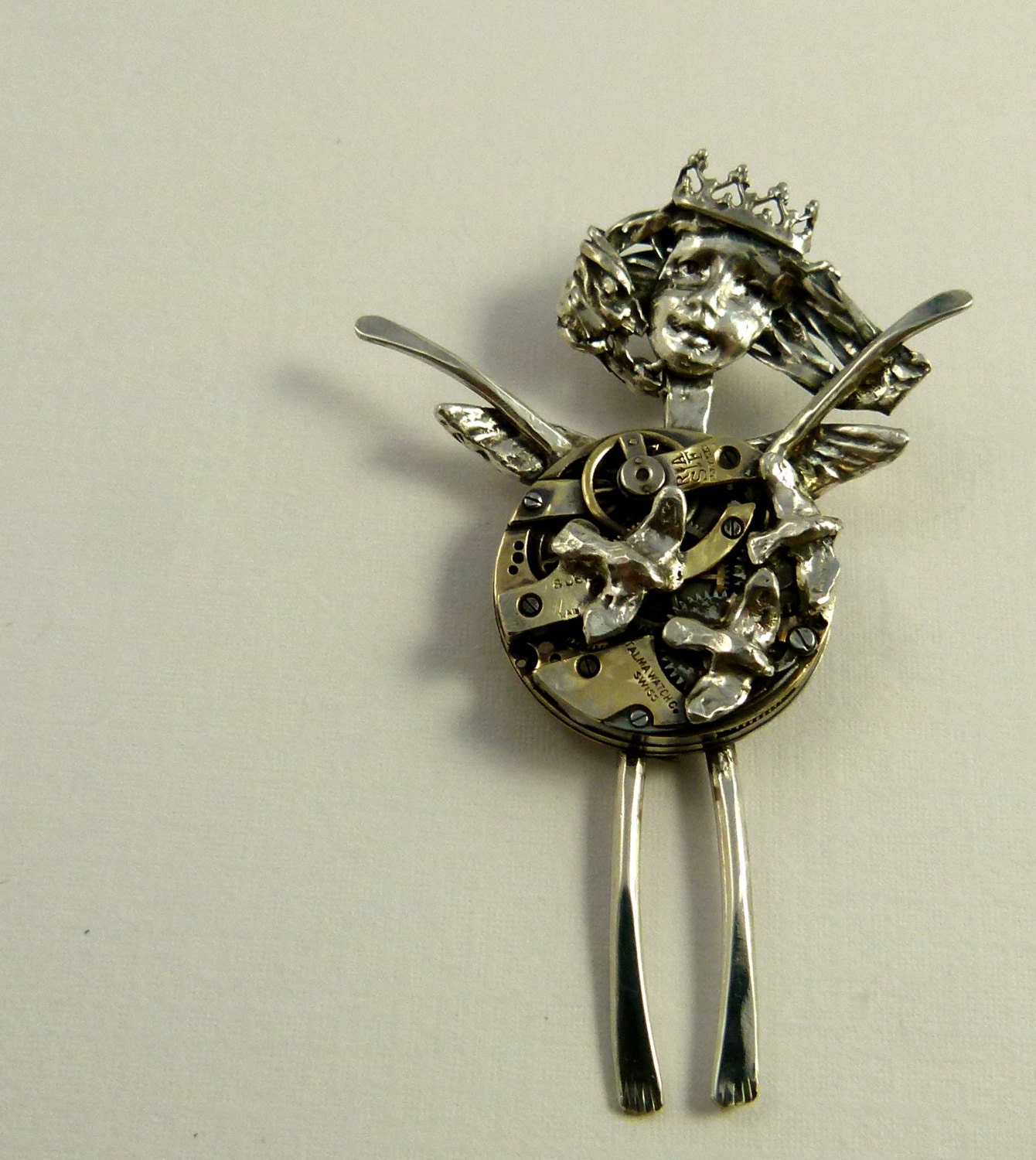 Angel Teagan Watches Time Fly - Up cycled Sterling, Watch Parts, And PMC - Art Jewelry Pendant - 1177