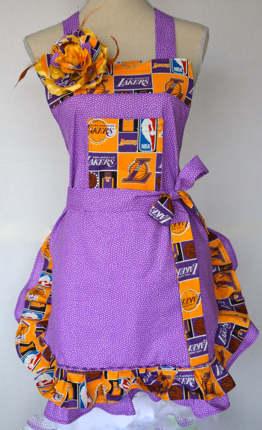 Lakers Basketball Print Womens Full Apron Double Ruffled Purple Polka A Dot Rhinestones Rose Pin