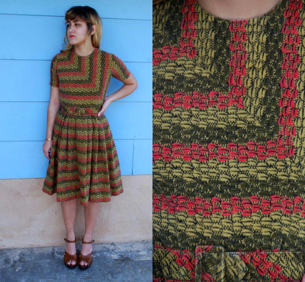 1960s. olive green and red leaf print corduroy dress. s-m