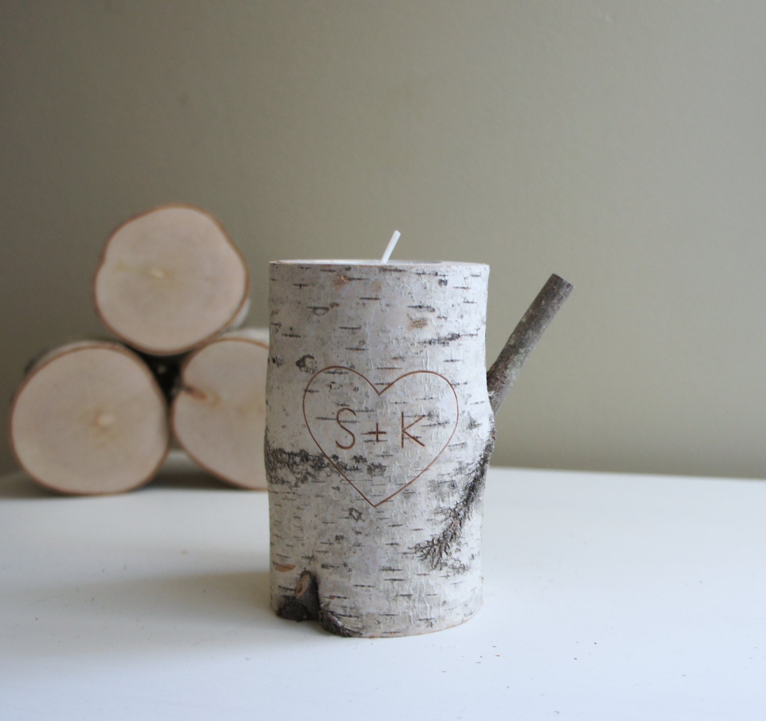 natural white birch wood candle holder - initials S & K inside of a heart