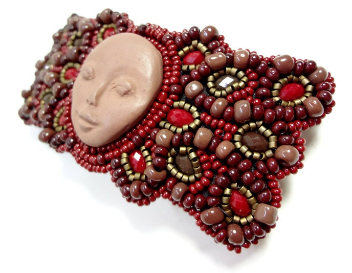 Red and Brown Earth Goddess Beaded Barrette Hair Accessory - MegansBeadedDesigns