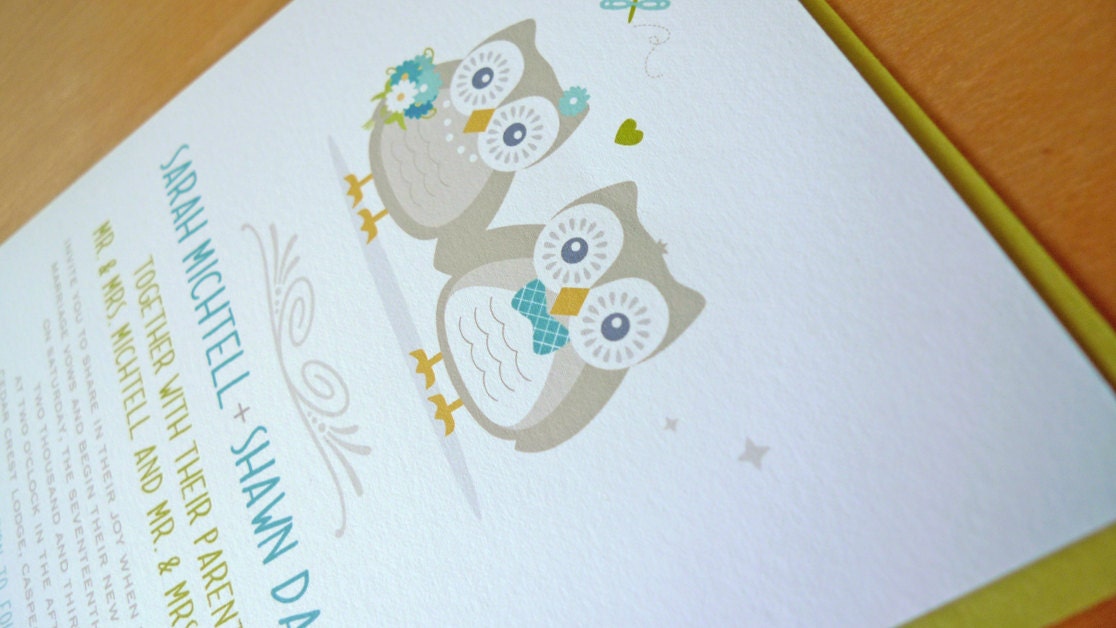 Owl Couple Wedding Invitations, Rustic Wedding Invitation, Whimsical Wedding Invitation