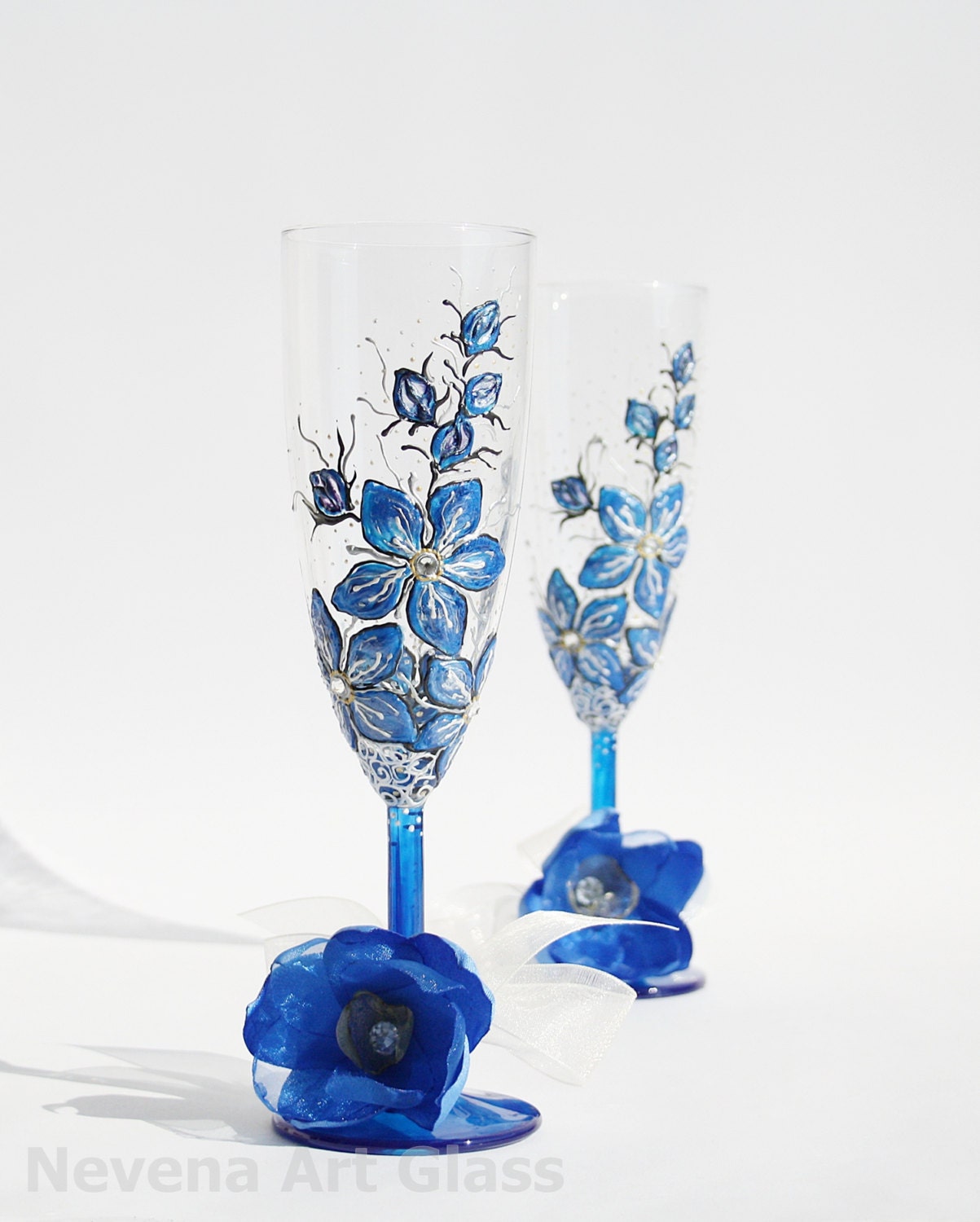 Forget me Not Hand Painted Wedding Toasting Glasses set pf 2 Swarovski Crystals