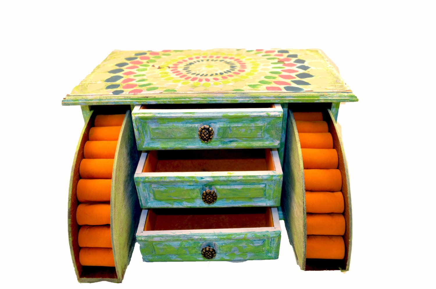 Hand Painted Vintage Jewelry Holder Trinket Wooden Box 3 Drawers 2 Compartments Ring Holders Music Box