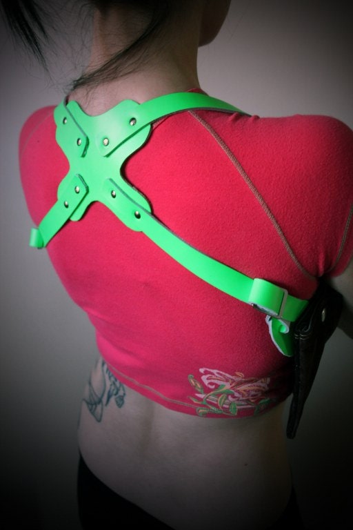Unisex Leather Shoulder Holster, Velvet like Pockets - Neon Green - steampunk - burning man - festivals, Please read Description for size