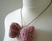 Crochet bow necklace Bow pendant in Dusky Pink and Grey Bow tie Knitted Necklace