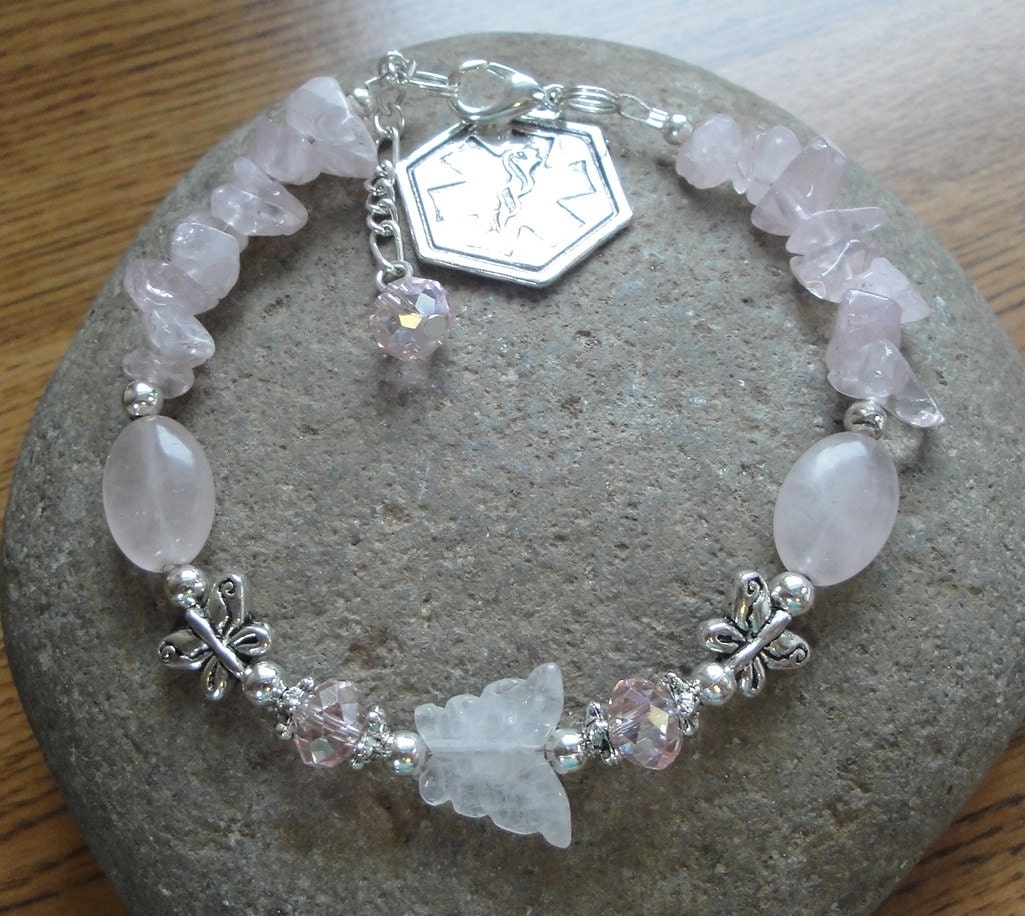 Medic Alert Bracelet - Diabetes, Allergies, Multiple Sclerosis, Peanut, Penicillin, Seizures, Asthma, Alzeimers or Heart - Rose Quartz