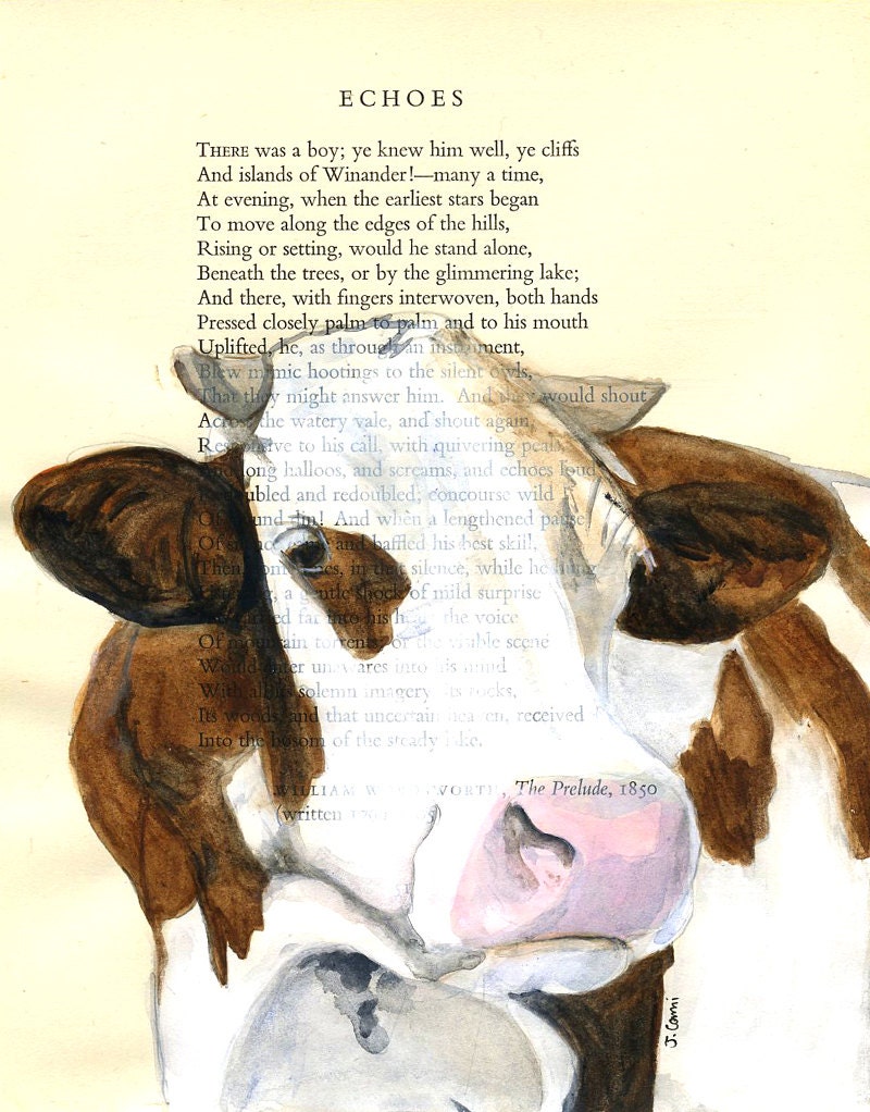 Cow - Original Watercolor Painting - on Antique Book page - 6 1/2x8inches