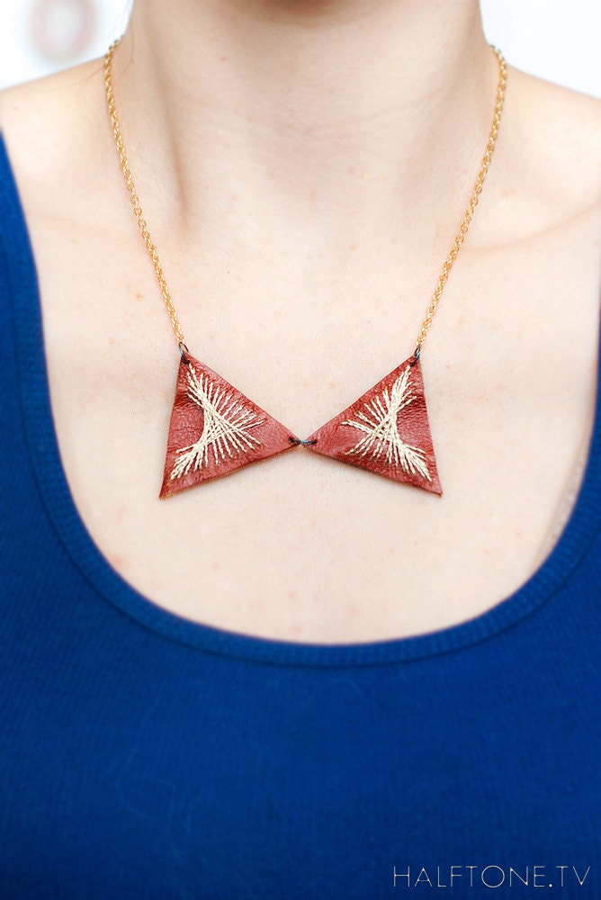 Brianna Tan Bow-tie Collar Necklace - Antique Gold Stitched Leather Spirograph