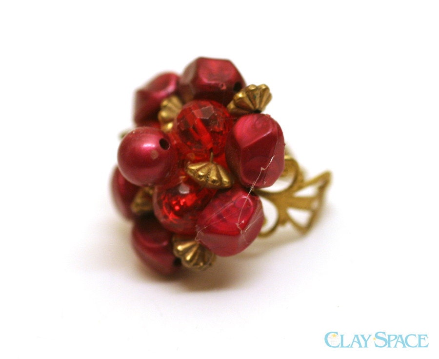 Red and Brass Beaded Adjustable Repurposed Fashion Ring - Scarlet Daze