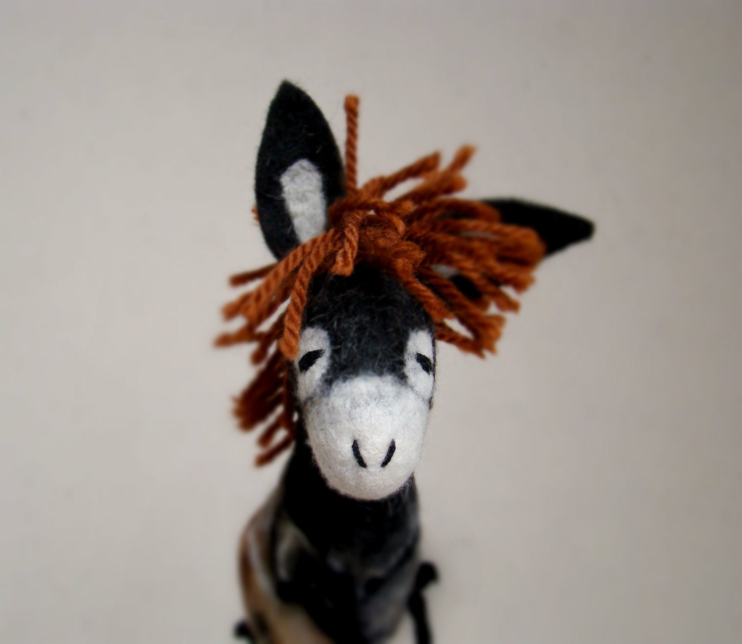 Black Giovanni - Felt Donkey. Art Toy Felted Marionette Animals Toys . black brown rust red orange . MADE TO ORDER.