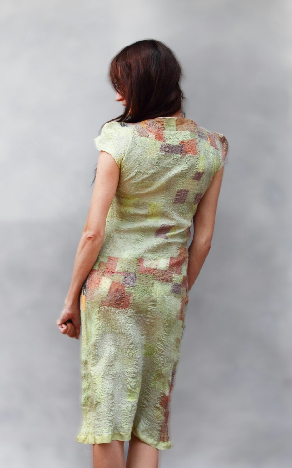 Felted Dress olive green OOAK everyday womens pistachio dress nuno felt original texture