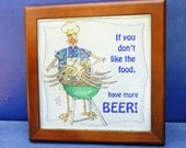 Trivet Glass Wood Beer BBQ Grill Men Fun Kitchen Decor 7.5" square Hot Plate Wall Decor
