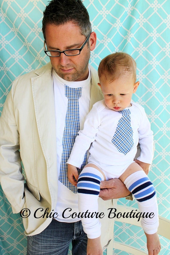 Baby Boy, Father's Day Gift Set of 3.  Tie Shirt for Daddy, Embroidered Tie Onesie for Baby, & Leg Warmers.  Ring Bearer, Groomsmen
