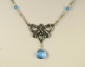 Art Nouveau Lavalier Necklace in Antique Silver and Aquamarine Blue with Swarovski Crystals