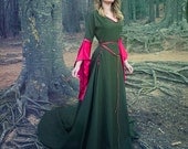 Celtic princess green wool and red silk costume Medieval dress