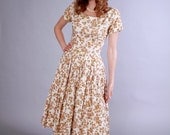 1950s floral dress . 50s moss cream and apricot summer dress .  Summer In Song