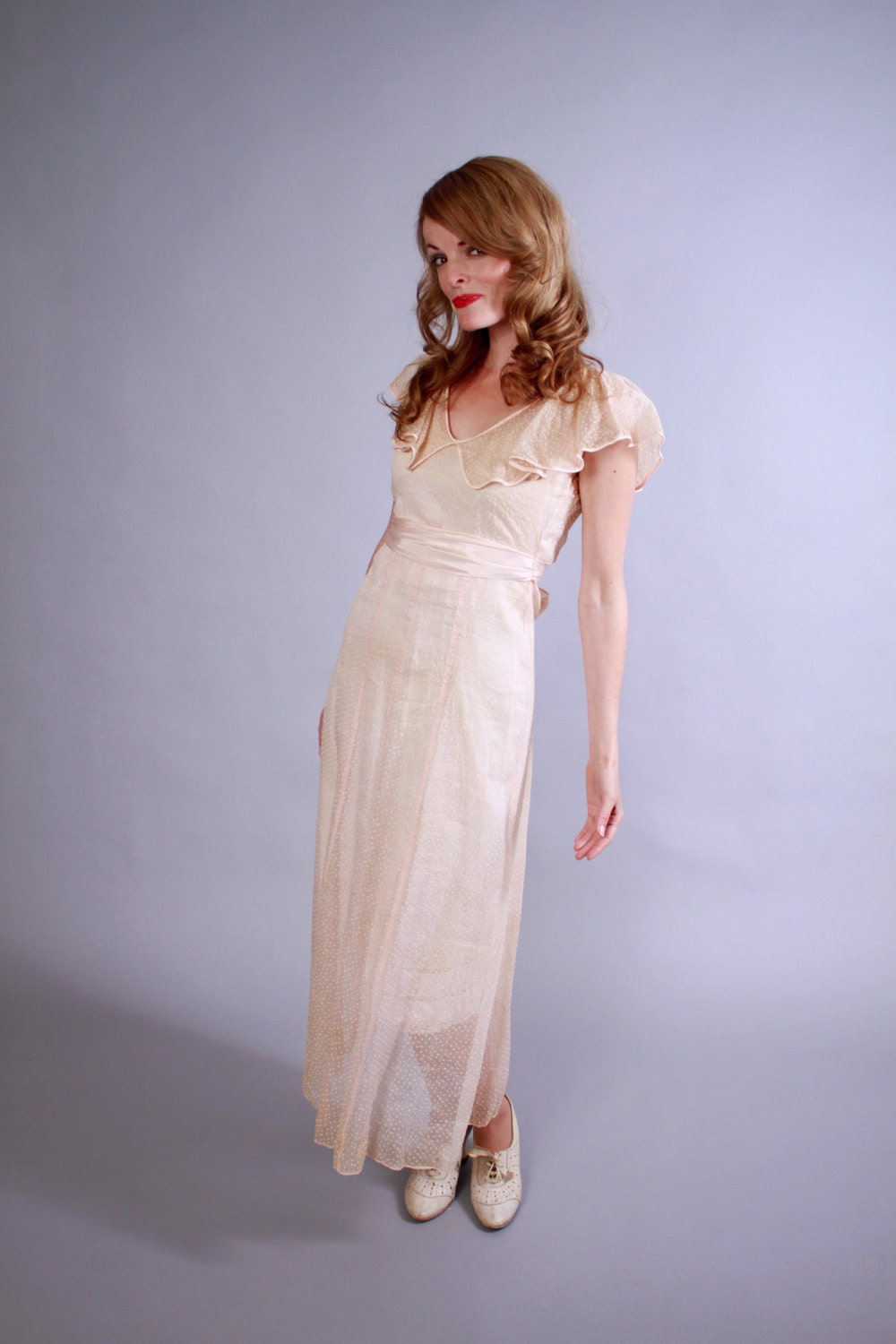 1930s dress . 30s sheer ballet pink swiss dot flutter sleeve dress .