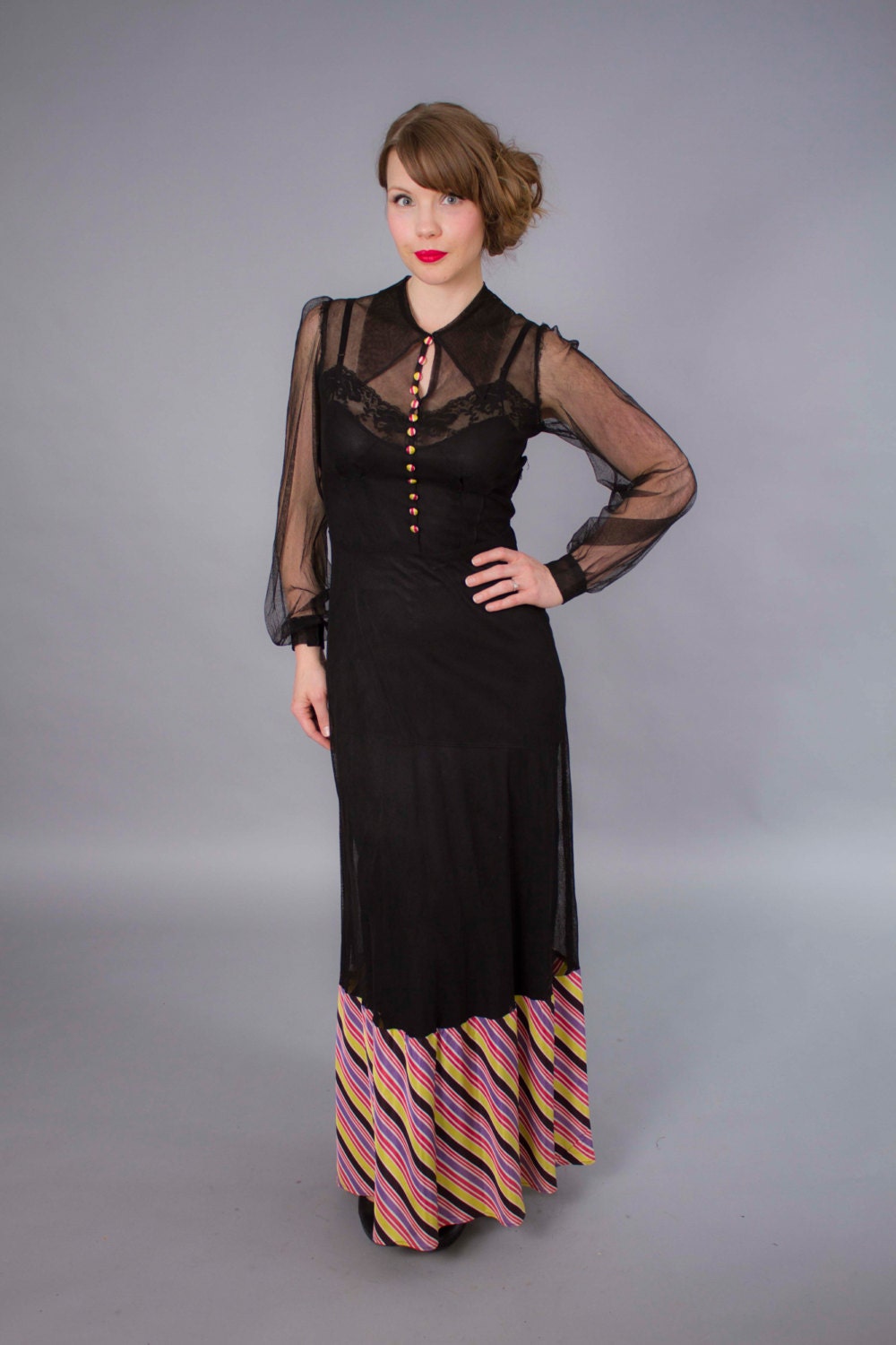1930s 1940s dress . 30s 40s black mesh and silk gown .