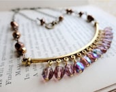 Amethyst, dark bronze, and gold bar necklace with amethyst / lilac coloured dangling czech glass beads, Richly Adorned