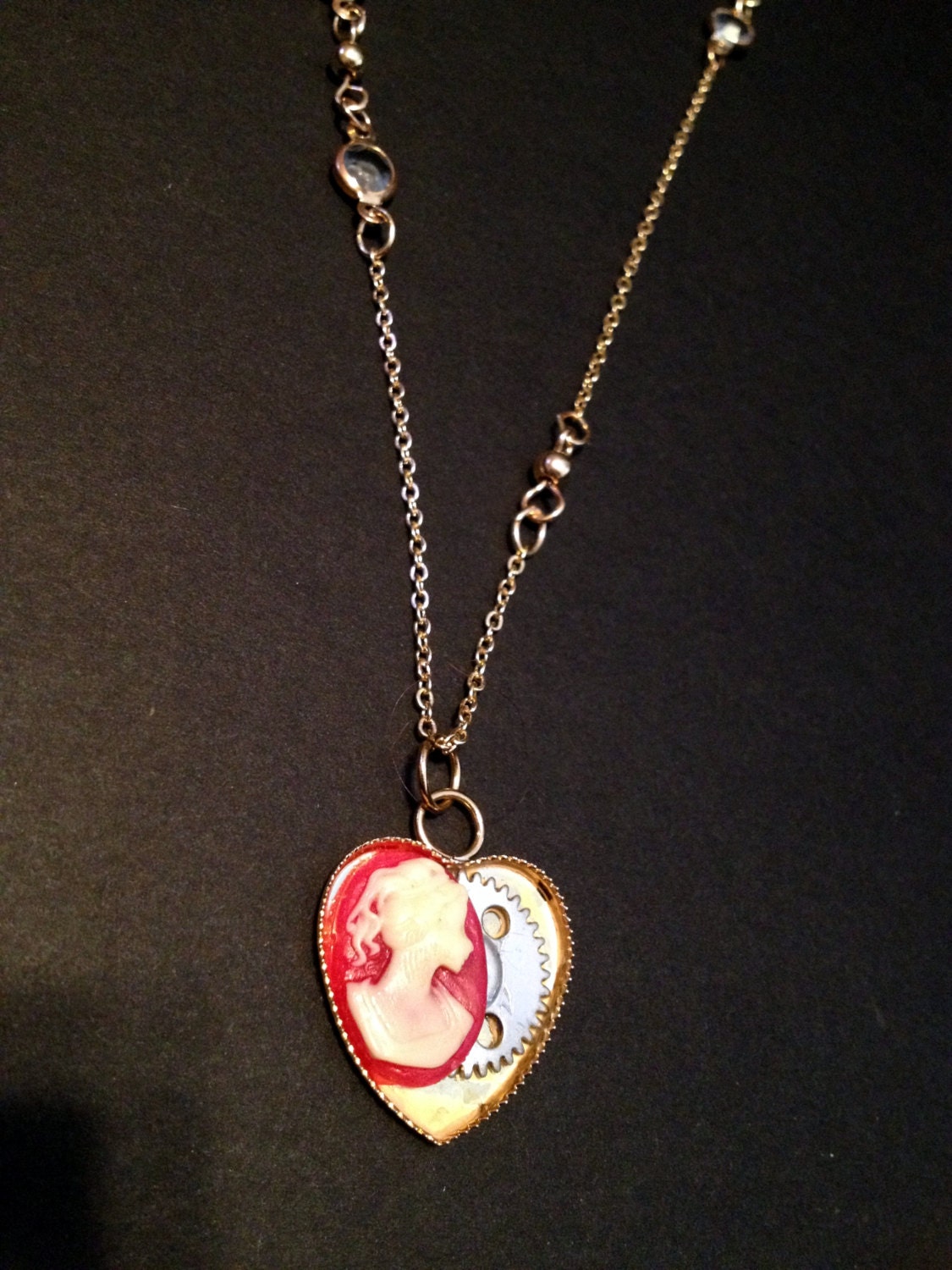 Pink Cameo in Heart Steampunk Necklace