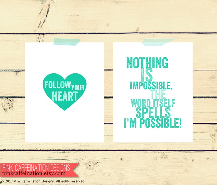 2 8x10 Inspirational Quote Nursery Prints. Nursery Art Prints. Kids Room Decor. Turquoise Aqua. Letterpress style typography.