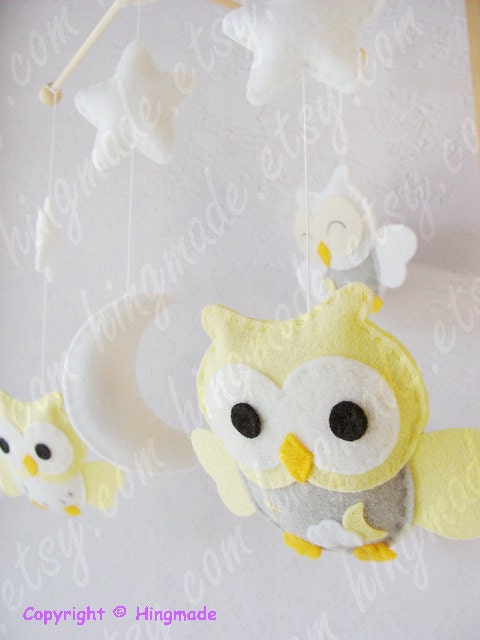 Baby Mobile - Owl Mobile - Nursery Mobile - Crib Mobile - Yellow Gray White Soft theme (Custom Color Available)