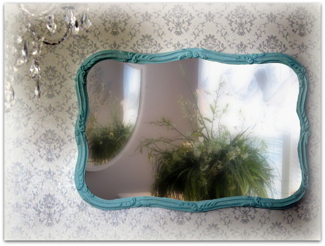 XL Curvy Aqua Mirror Shabby Chic Cottage Chic Parlor Mirror Mantle Turquoise