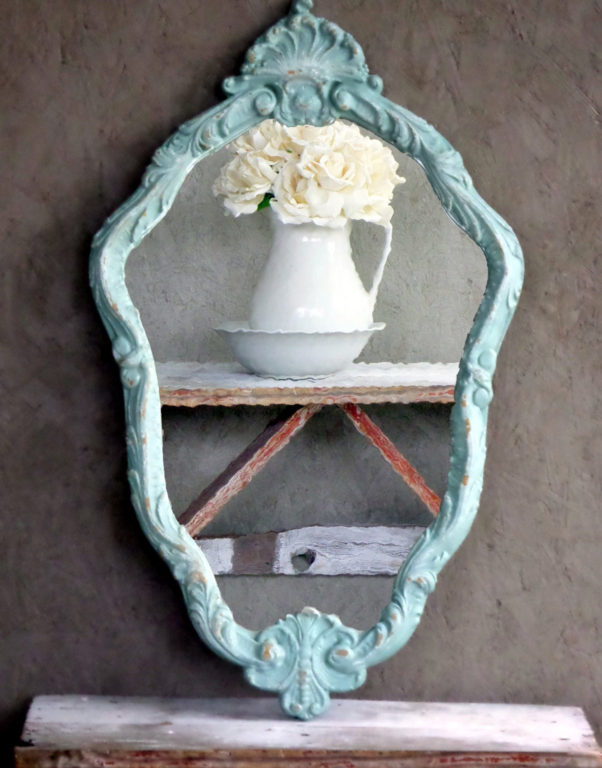Antique Curvy Mirror Shabby Chic Aqua