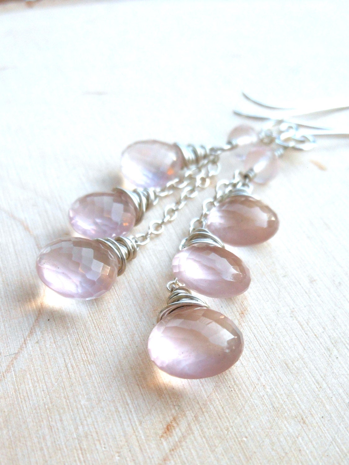 Rose Quartz Earrings Long Dangle Earrings, Pink Romantic Jewelry, Sterling Silver