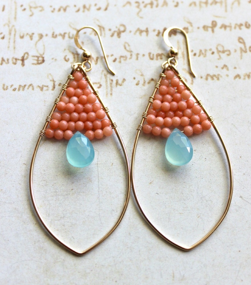 Peach Aqua Hoop Earrings, Peach Coral Earrings, Aqua Chalcedony Hoops, Gold Filled Marquise Hoops,
