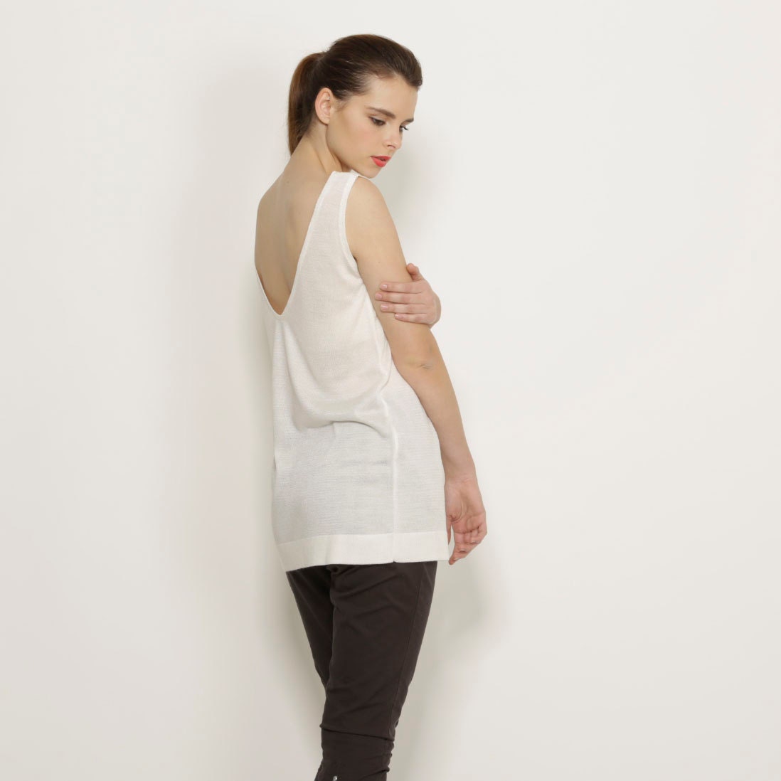 White cream women tunic knitted  tank top  lady summer dress open back shirt