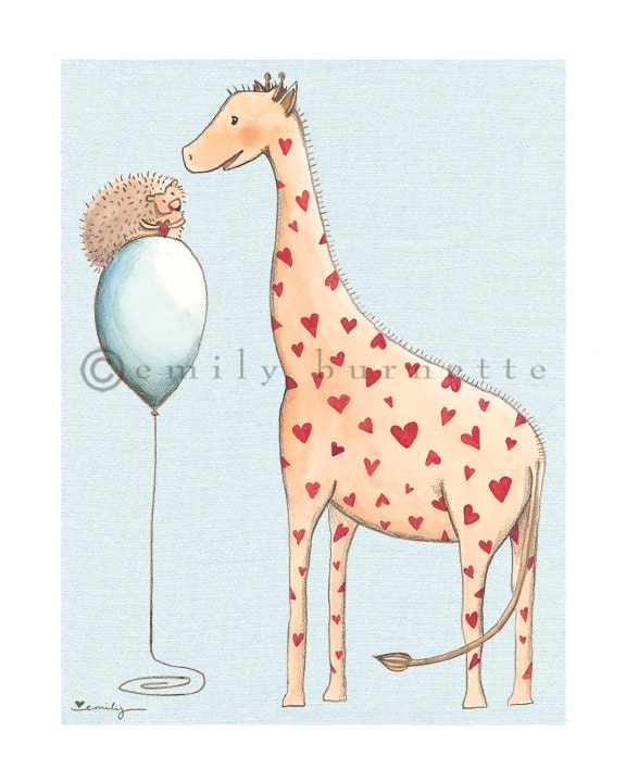 5x7 Print - I Carry Your Heart Giraffe and Hedgehog watercolor - Boy Girl Nursery Wall Art Print - Emily Burnette - Recipe 4 Cute