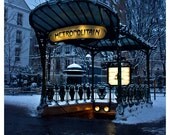 Paris Art Nouveau Metro station at dawn with snow - Paris sous la neige, winter, Guimard - 5x7 - Original Fine Art Photograph
