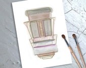Watercolor Painting - original abstract fine art - illustration - tribal scifi - southwest - muted desert pastels - metallic gold - neutral
