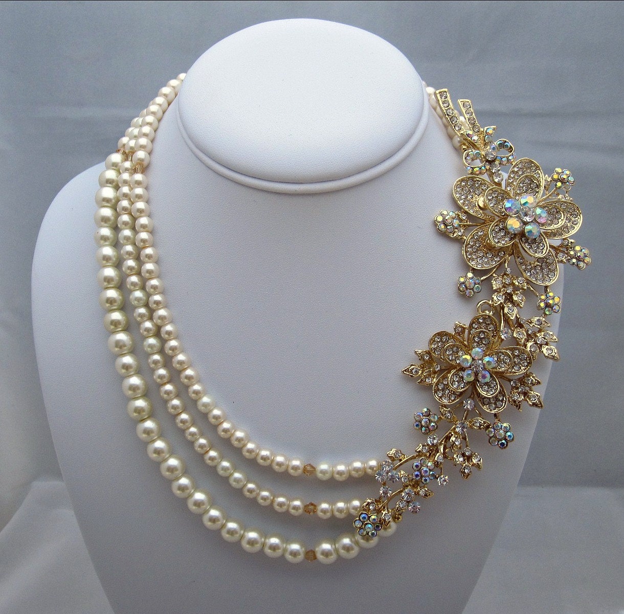Gold Rhinestone Bridal Necklace, Statement Necklace, Flower Wedding Necklace, Multi Strand Pearl Necklace, Bridal Pearl Necklace