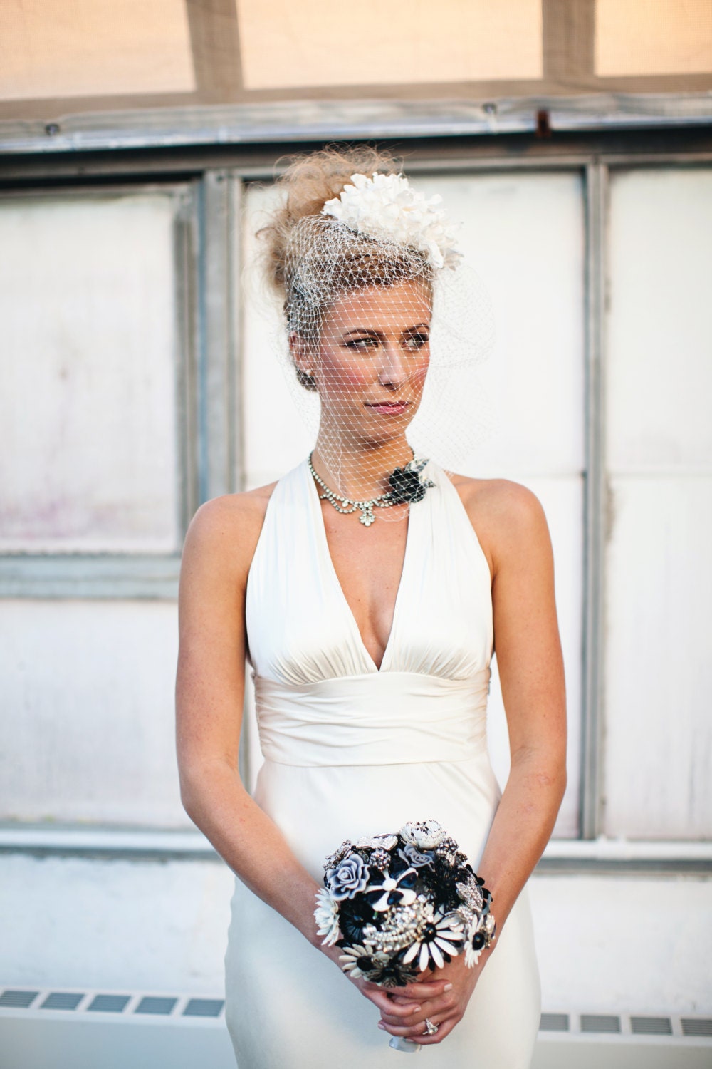 Handmade Necklace with Vintage Rhinestone Necklace and Silver Flower Brooch - Free US Shipping